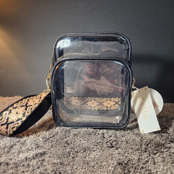 Le Miel Clear Stadium Crossbody Bag, Black Trim, Gold Hardware, Boho Strap - Picture 2 of 9